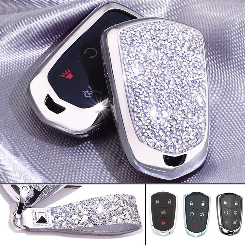 Royalfox(TM) 4 5 6 Buttons 3D Bling keyless Entry Remote Smart Key Fob case Cover for 2016-2019 Cadillac CT6, 2017-2019 XT5, 2014-2019 CTS, 2015-2019 XTS SRX ATS Accessories,with Keychain (Silver) - Image 1